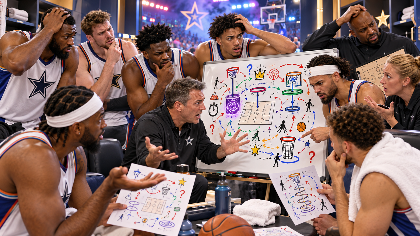 Satirical fictional basketball team trying to understand an absurdly complicated new All-Star format moments before playing.