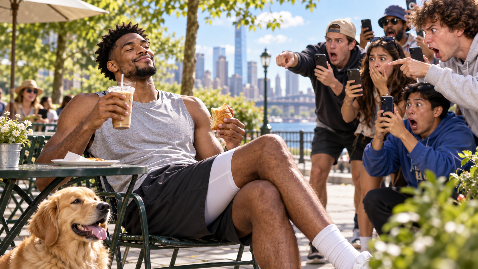 Satirical fictional basketball player enjoying a peaceful afternoon while shocked fans document the moment.