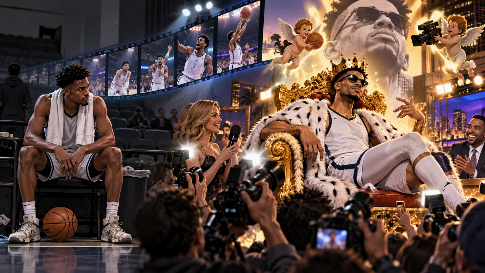 Satirical fictional basketball player being theatrically elevated from underrated to disrespected celebrity status.