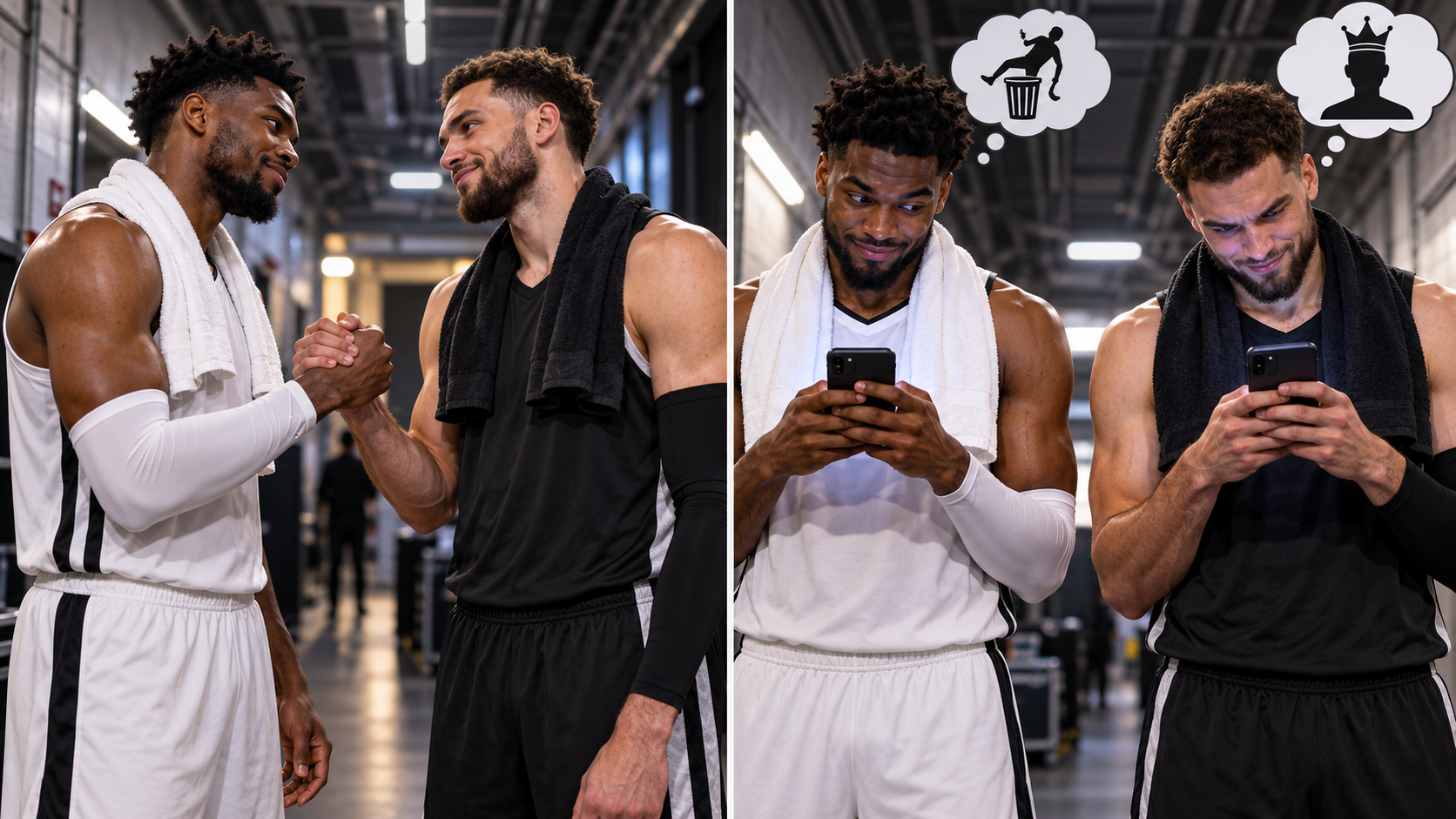 Satirical fictional basketball rivals shaking hands privately while immediately planning cryptic social media posts.