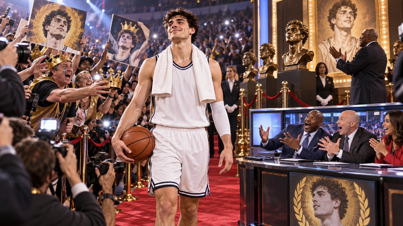 Satirical fictional young basketball player receiving wildly premature Hall of Fame treatment after a breakout game.