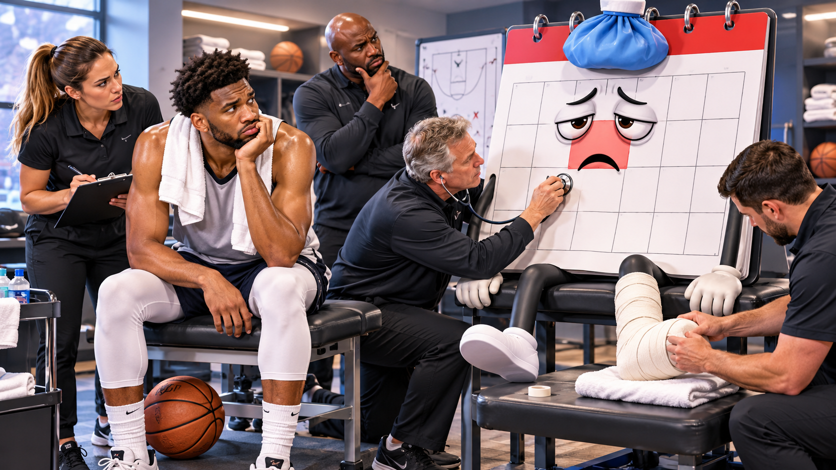 Satirical fictional medical staff treating the middle of the week like an official basketball injury designation.