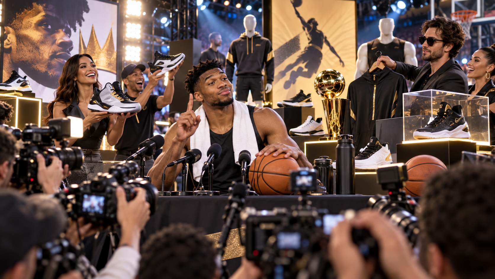 Satirical fictional basketball superstar at an extravagant product-launch press event while insisting the focus is only winning.