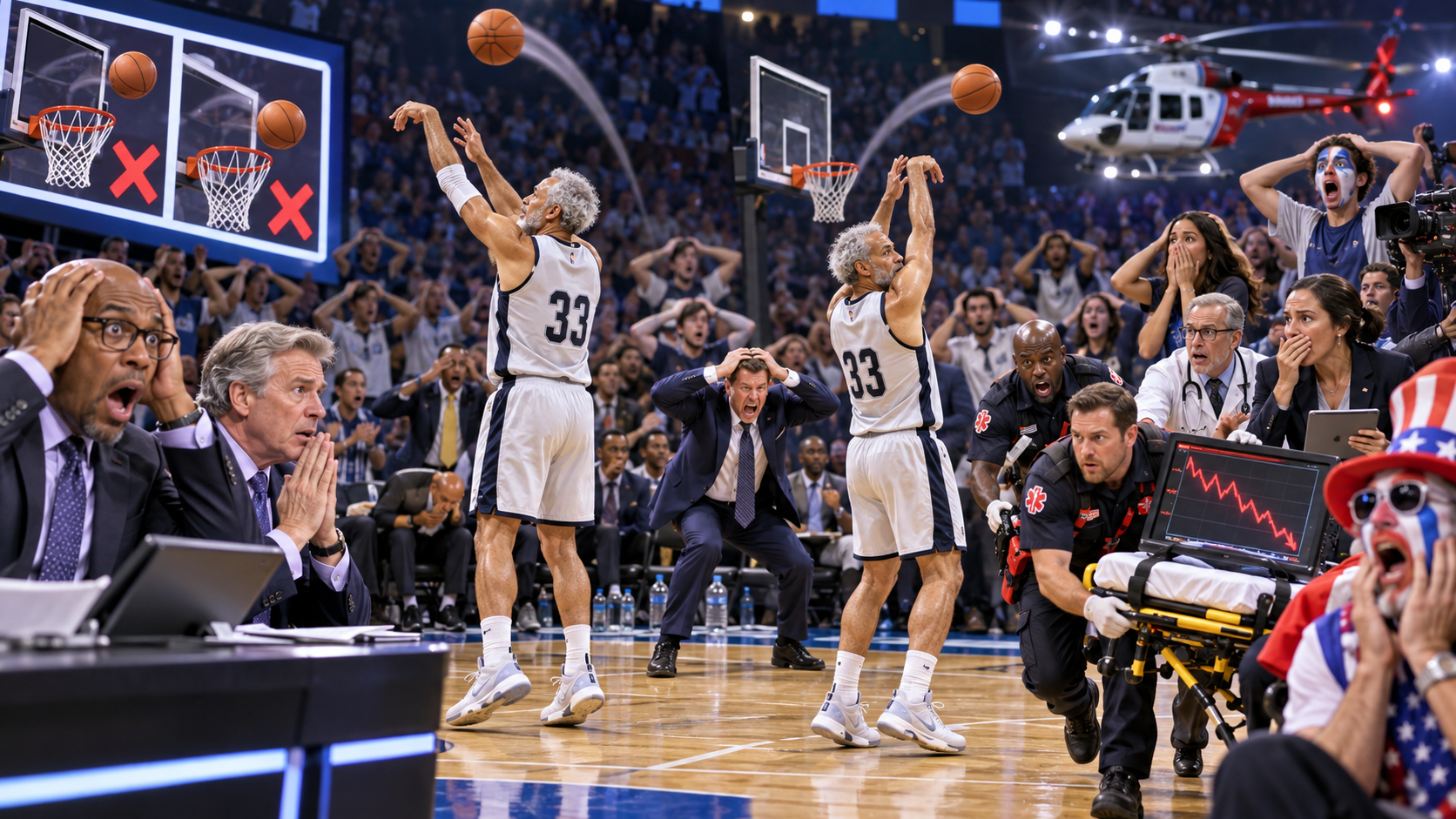 Satirical fictional basketball veteran missing two shots as an absurd emergency assessment erupts around him.