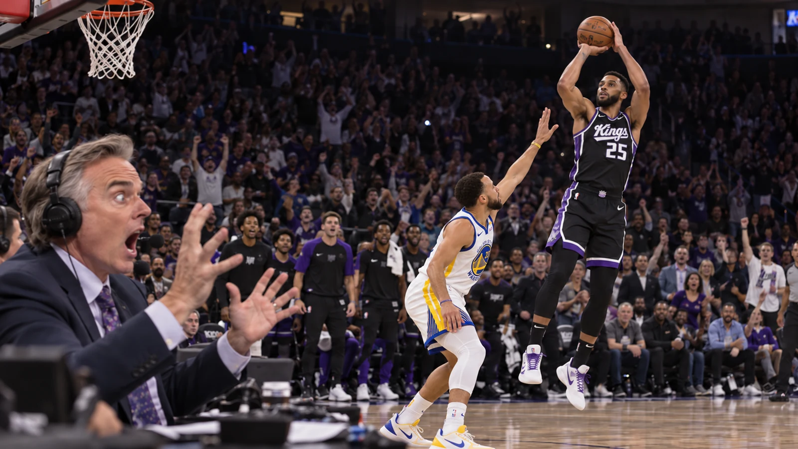 Satirical courtside game scene with a Ben Simmons-like Kings player hitting a step-back fadeaway over a Warriors defender while a Colin Cowherd-like broadcaster reacts dramatically.