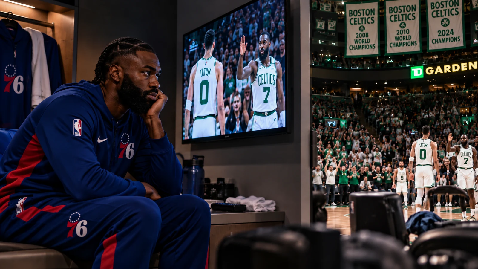 Satirical locker-room scene with a Jaylen Brown-like player in current Philadelphia 76ers gear sitting alone and watching a Celtics game at TD Garden.