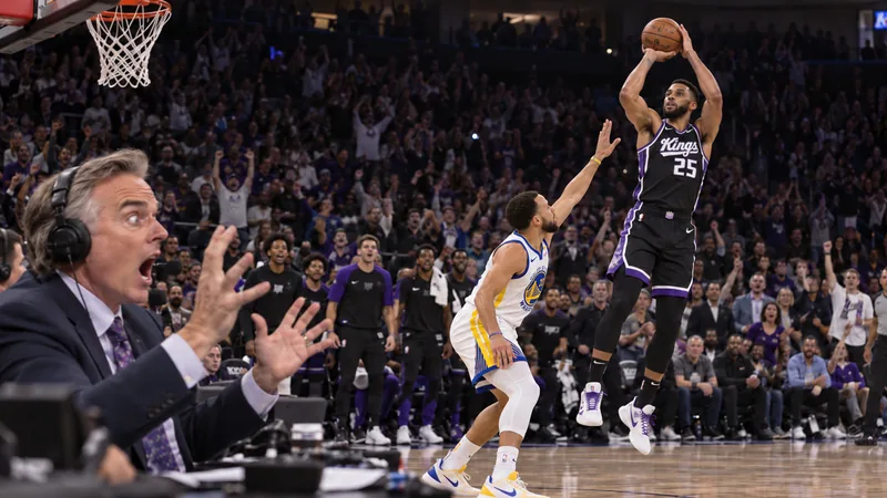 Satirical courtside game scene with a Ben Simmons-like Kings player hitting a step-back fadeaway over a Warriors defender while a Colin Cowherd-like broadcaster reacts dramatically.
