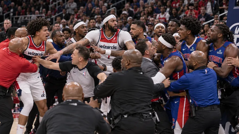 Satirical Wizards-Pistons sideline confrontation with players, referees, coaches and security crowding together while multiple players are restrained.