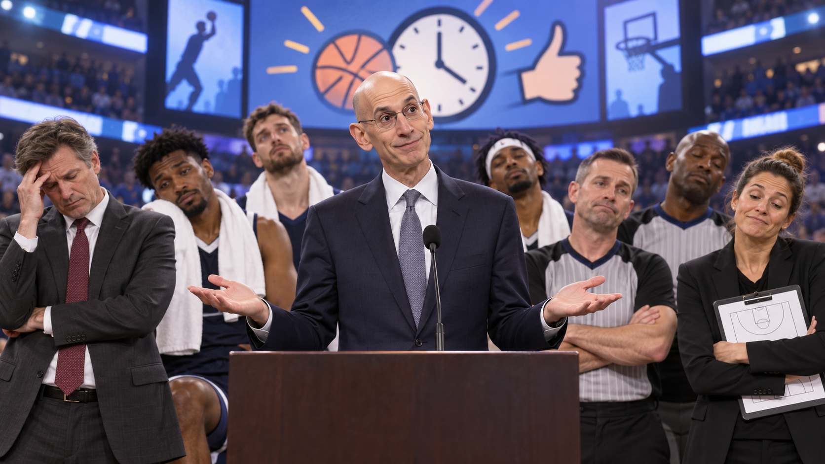 Satirical league press-conference image for a rule where everyone agrees the fourth quarter was probably fine.