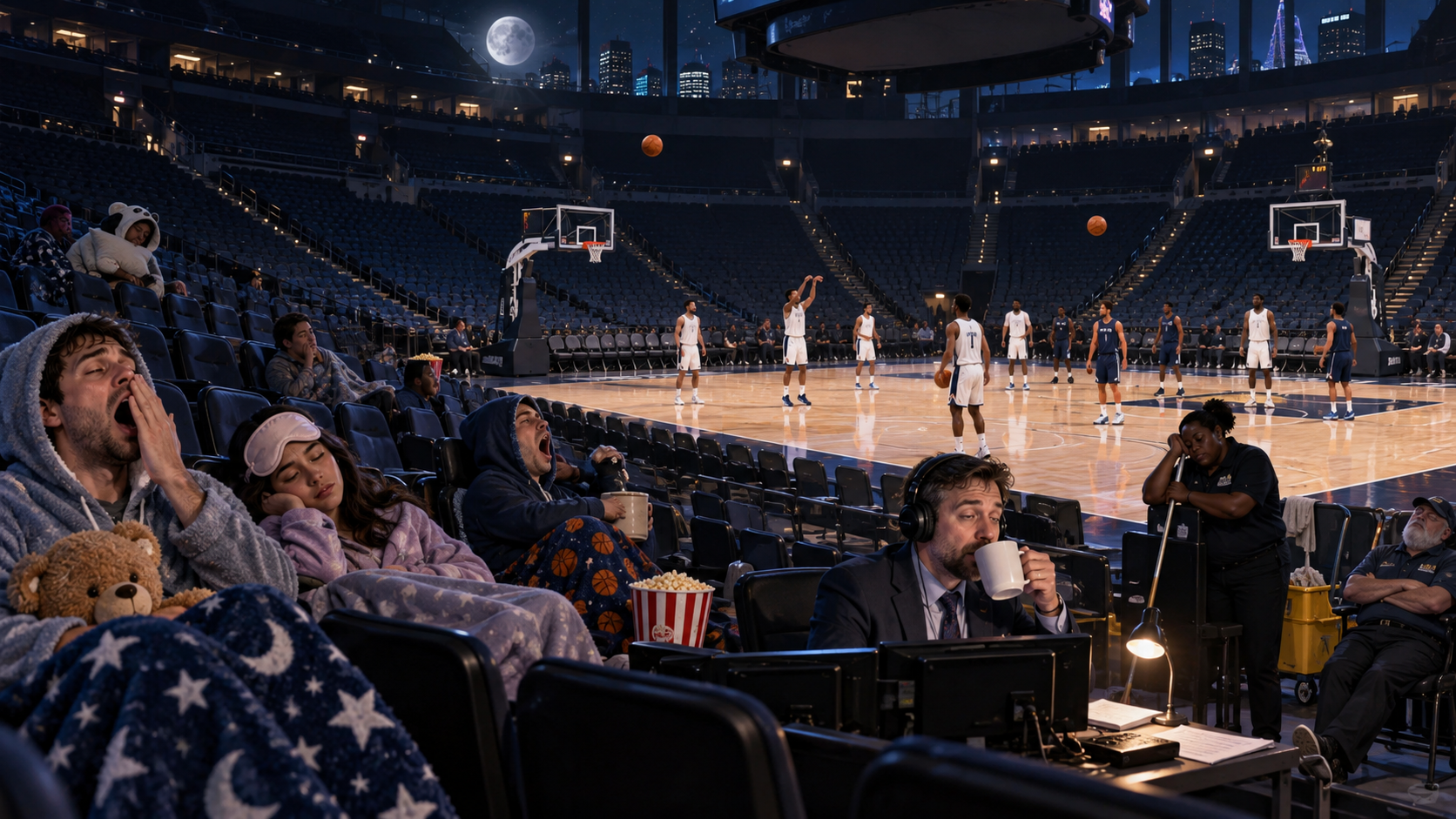 Satirical late-night arena image for a 2:17 a.m. Clippers-Wizards game.