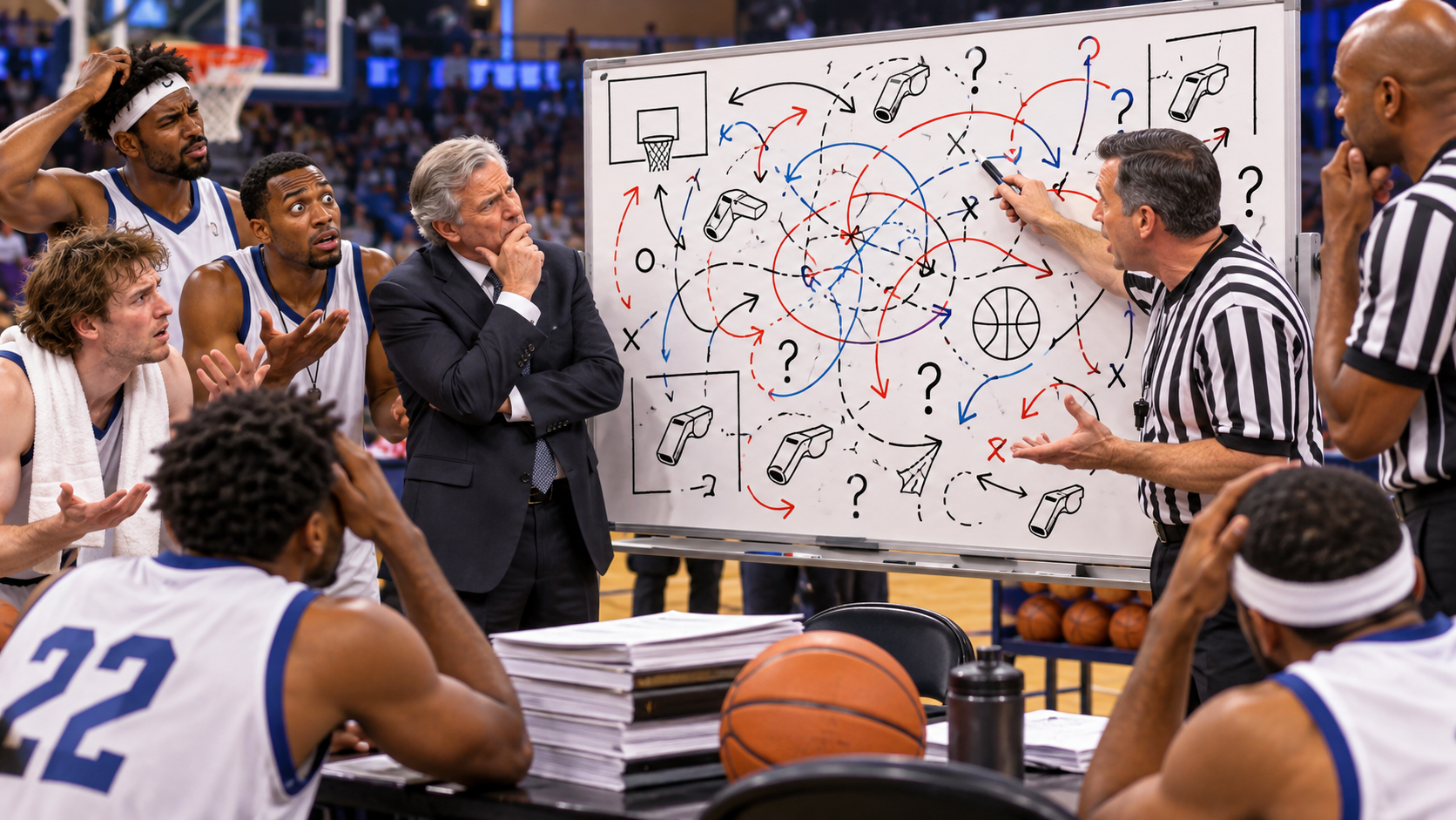Satirical basketball rulebook image for a story about 14 new rules clarifying 11 old rules.