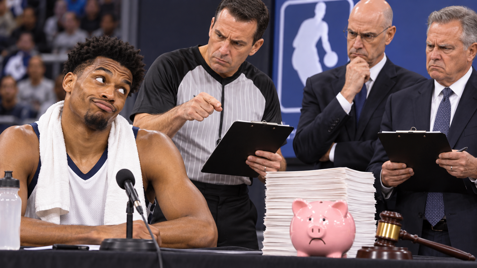 Satirical player reaction image for a story about a fine over a potentially sarcastic facial expression.
