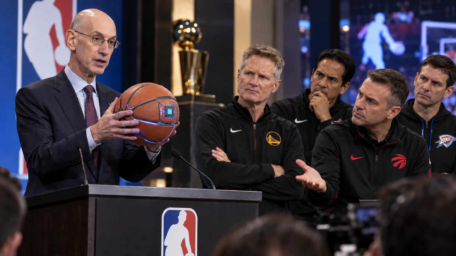 Satirical NBA press conference with an Adam Silver-like commissioner presenting a chipped smart basketball while current NBA coaches react skeptically.