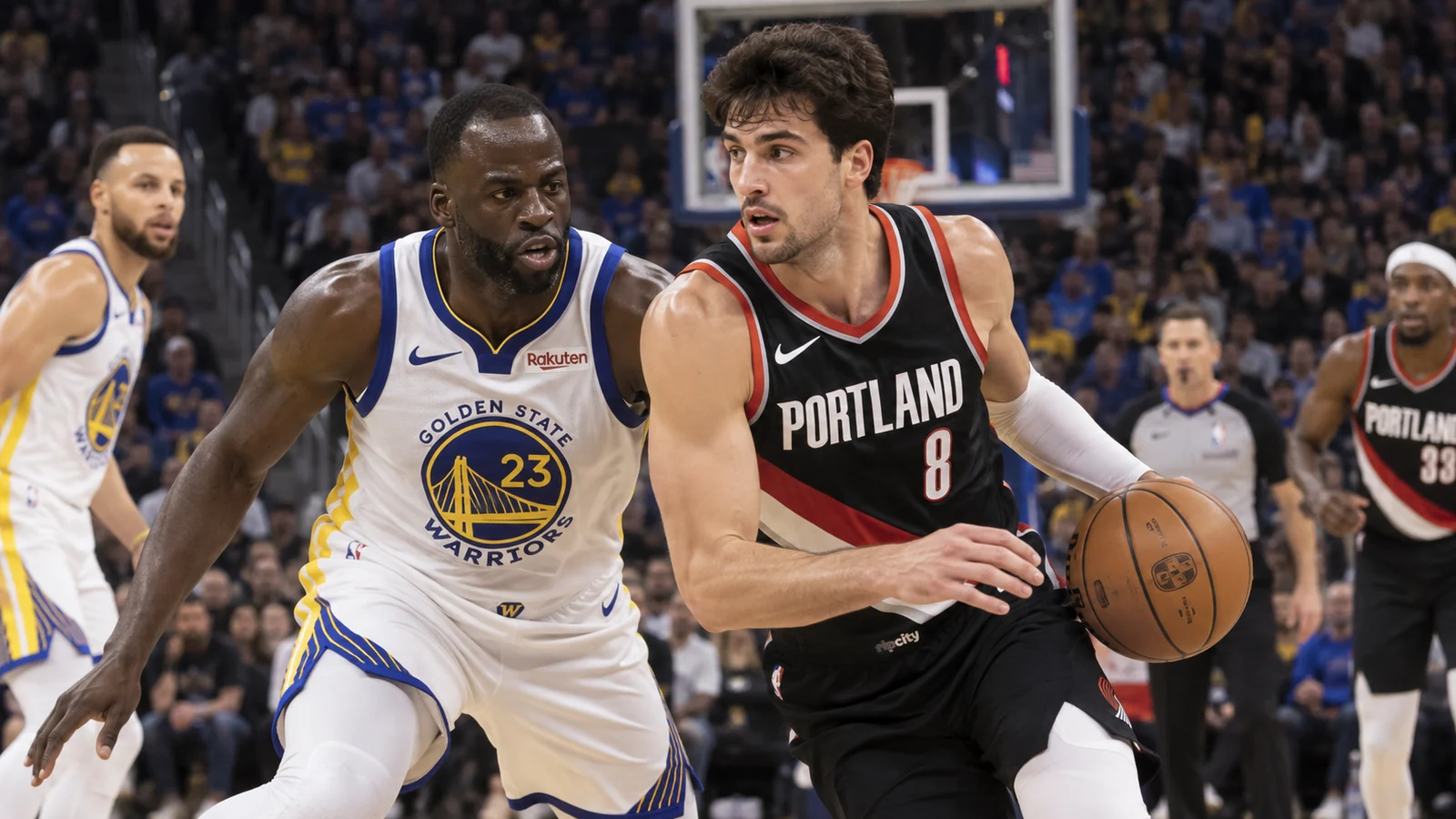 Satirical NBA game scene with a Deni Avdija-like Portland player driving while a Draymond Green-like Warriors defender shadows him closely.
