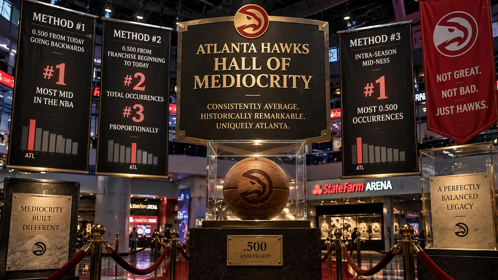 Satirical Atlanta Hawks Hall of Mediocrity museum exhibit centered on a .500 basketball with charts celebrating historical averageness and no players present.
