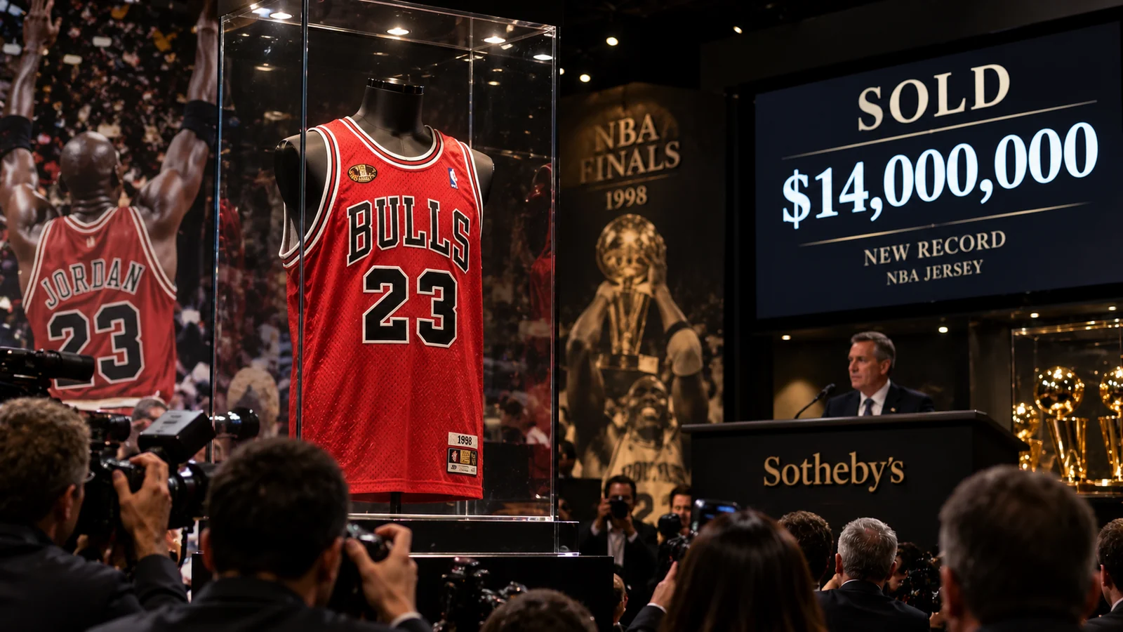 Satirical photorealistic auction scene centered on a 1998 Chicago Bulls number 23 jersey displayed in glass after a record $14 million sale.