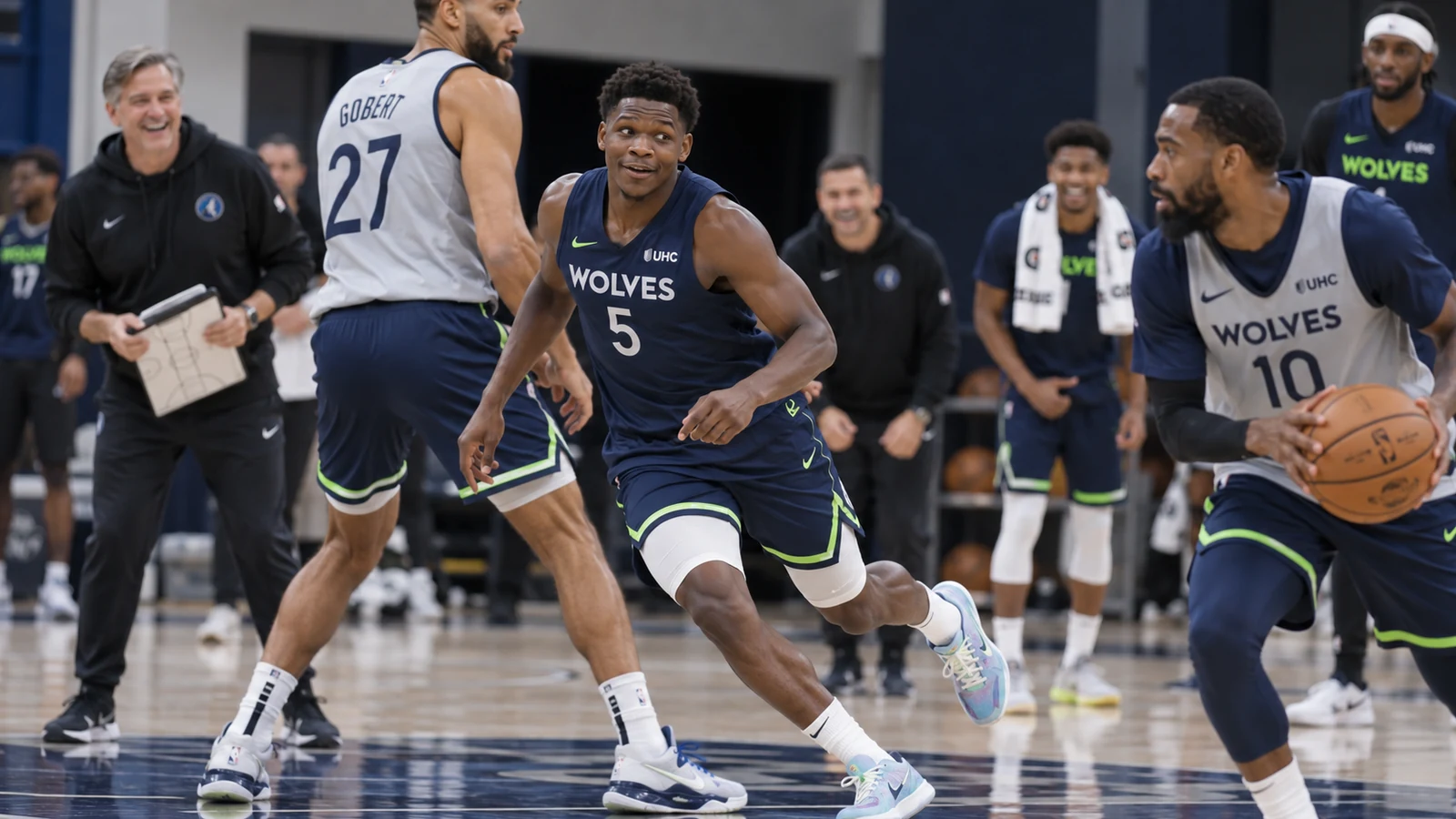 Anthony Edwards cuts without the ball during a Minnesota Timberwolves practice while a teammate handles and Rudy Gobert is involved in the action.