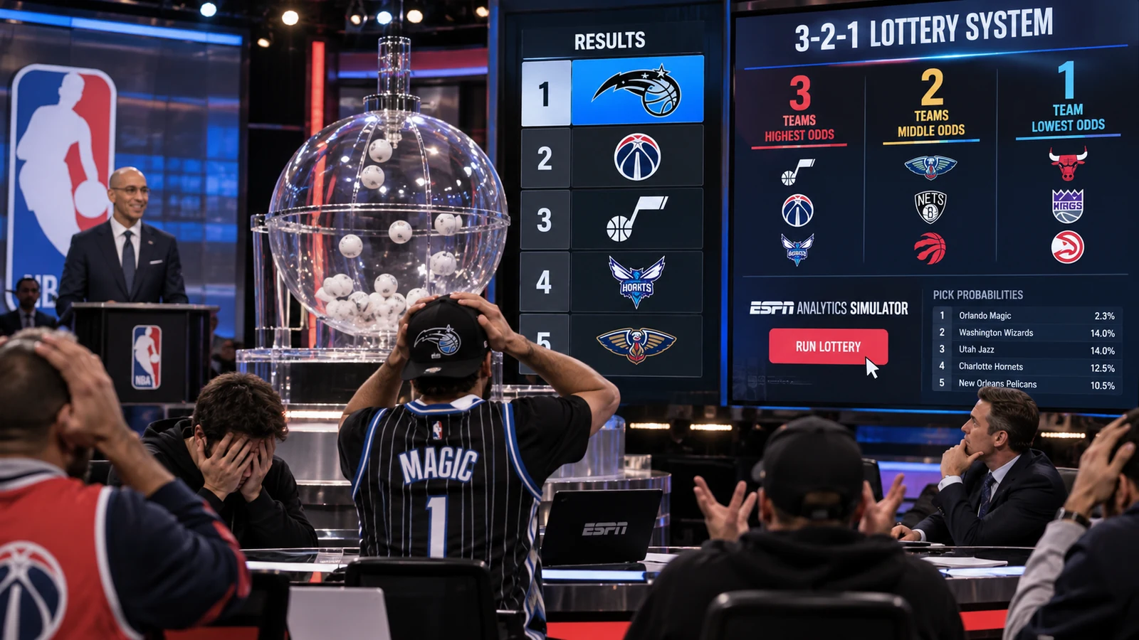 NBA draft lottery broadcast with a transparent lottery machine, 3-2-1 system screens and Orlando unexpectedly shown with the number one pick.