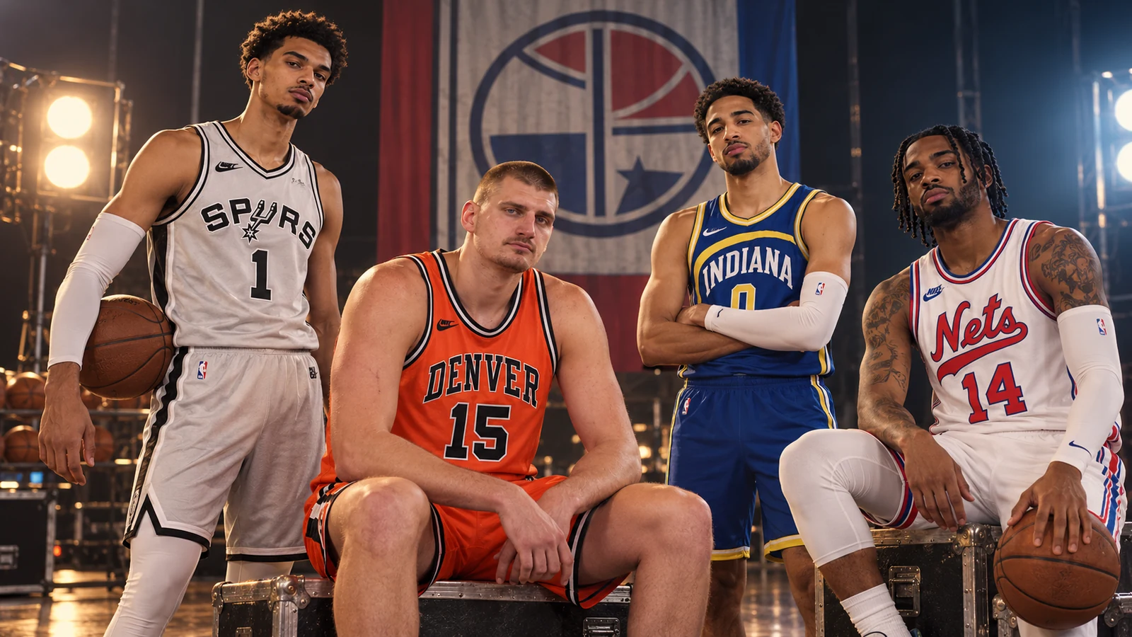 Four basketball players pose in classic ABA-inspired Denver, Indiana, San Antonio and Brooklyn uniforms, with Denver number 15 centered in orange.
