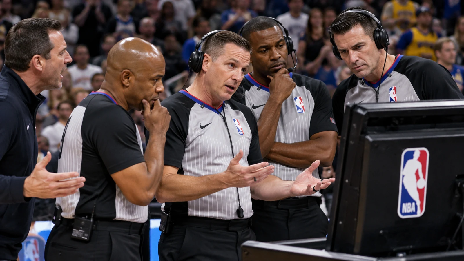 NBA referees wearing replay headsets gather around a courtside monitor while one official explains the decision and an exasperated coach argues nearby.