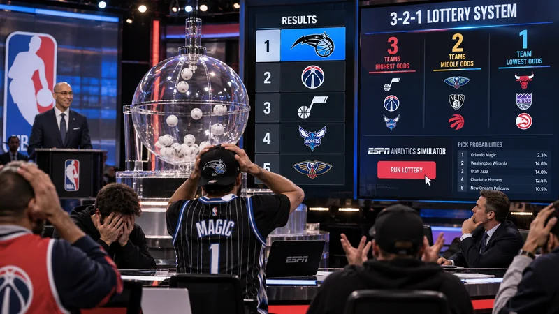 NBA draft lottery broadcast with a transparent lottery machine, 3-2-1 system screens and Orlando unexpectedly shown with the number one pick.