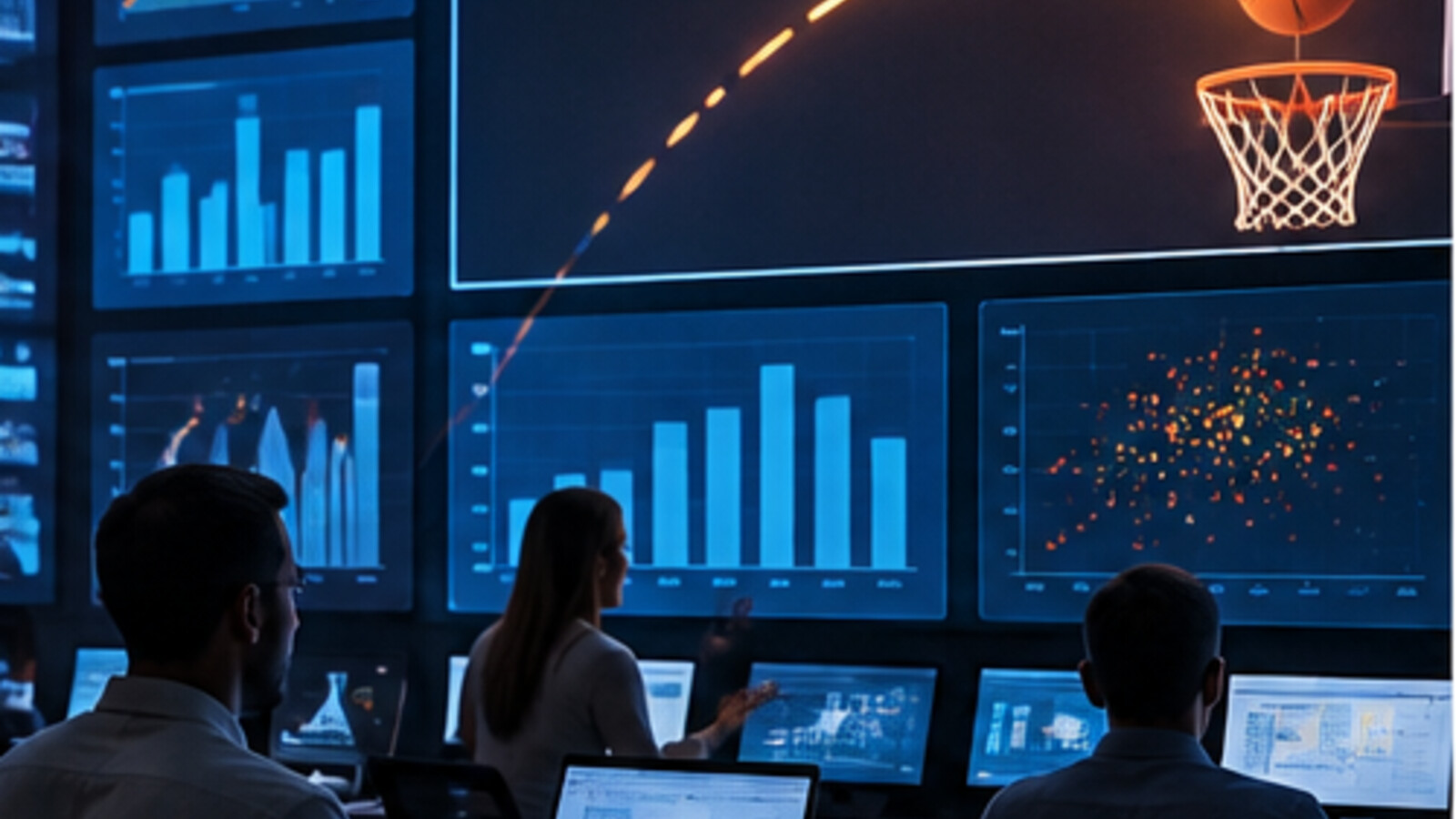 Satirical basketball analytics control room tracking shots and scoring efficiency.