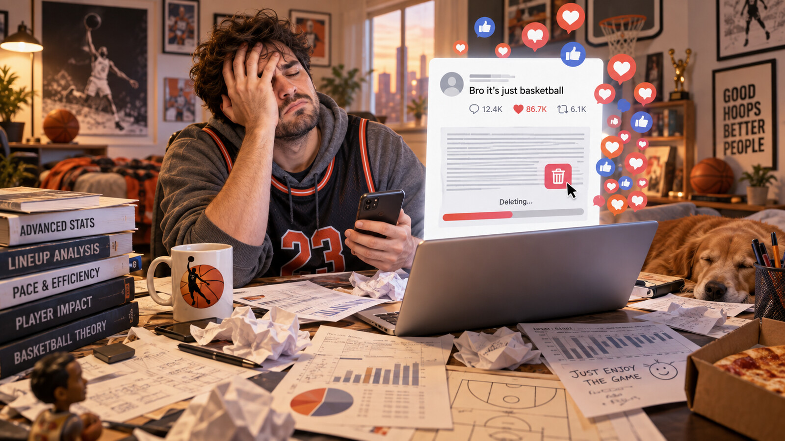 Satirical basketball fan overwhelmed by a viral social-media reaction after posting a detailed statistical argument.