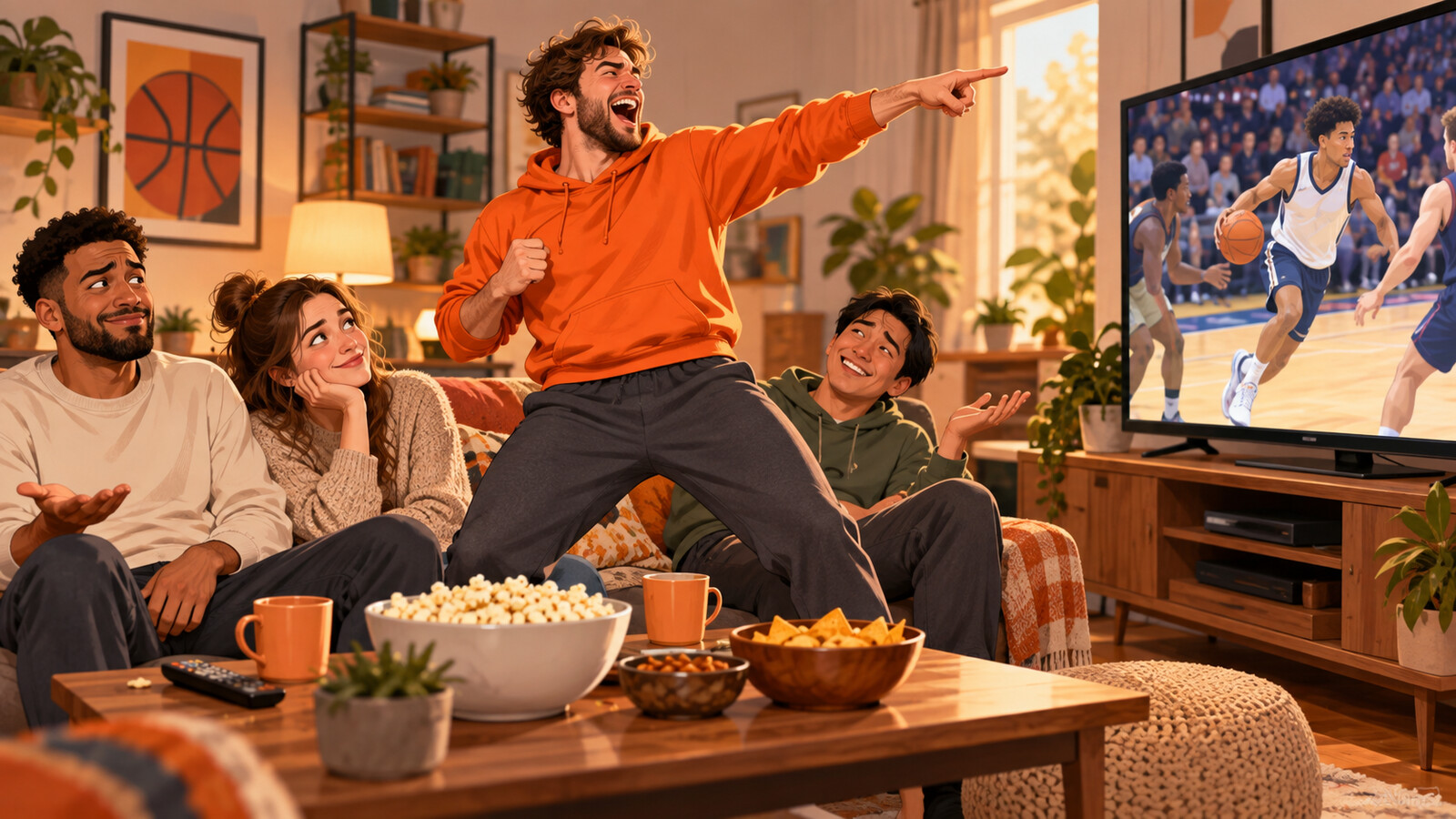 Satirical watch-party scene where a fan prematurely celebrates a rookie after only a few preseason minutes.