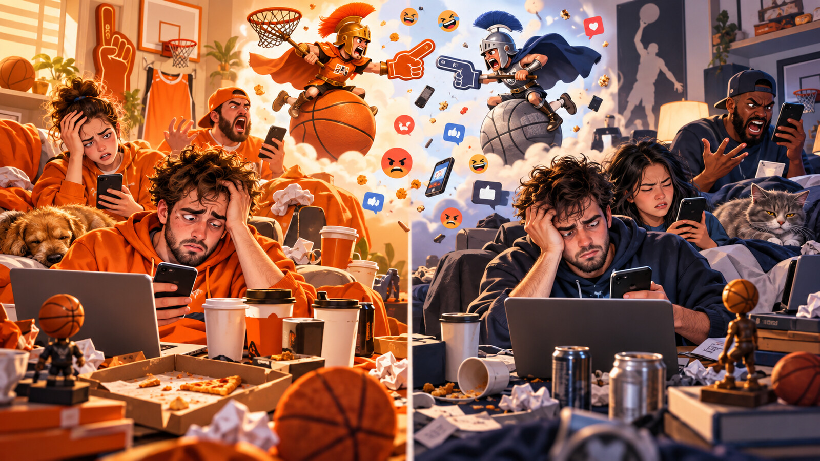 Satirical split-screen basketball fan war showing exhausted supporters arguing online long after forgetting the original topic.