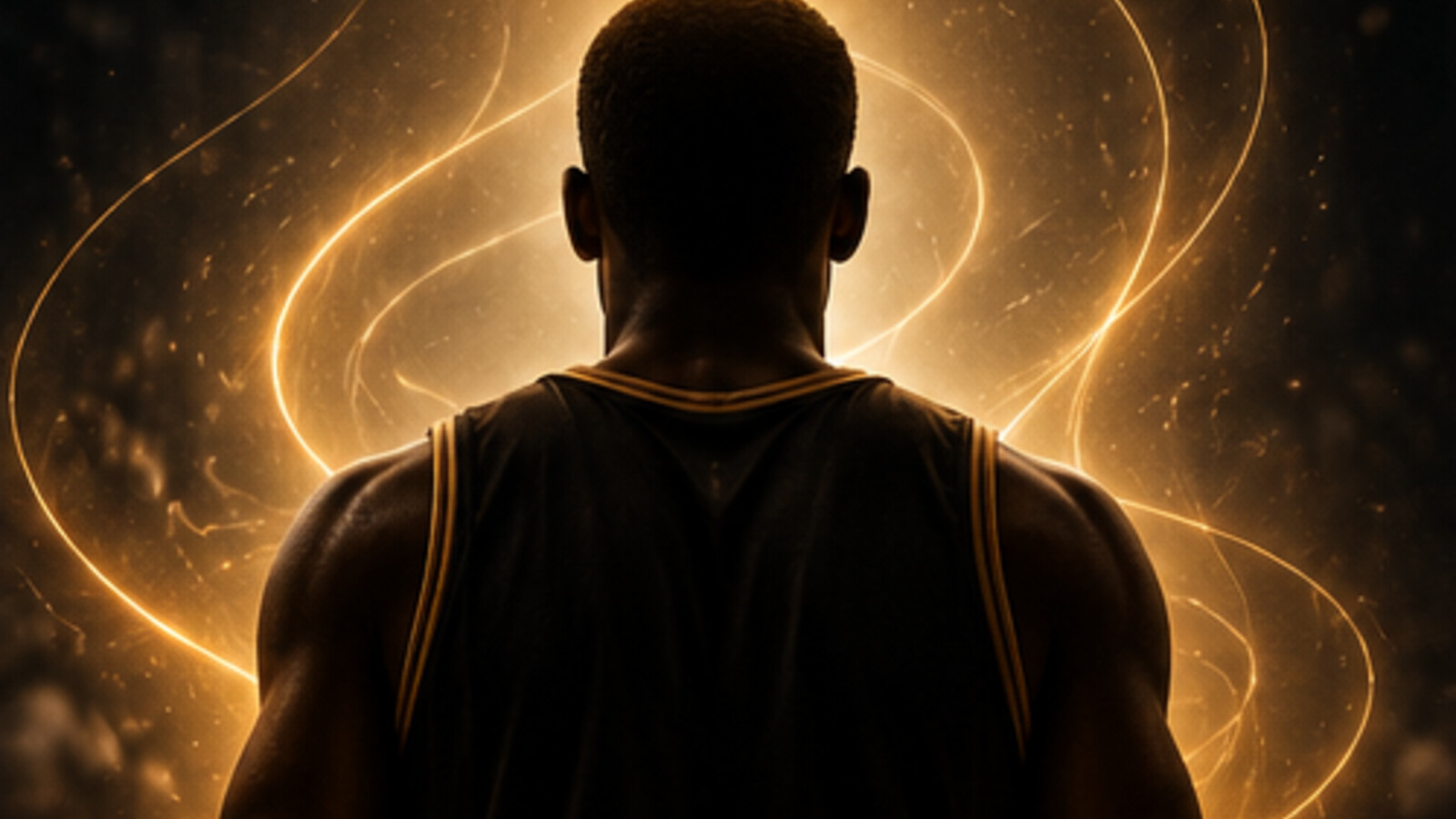 Satirical glowing basketball player silhouette surrounded by an exaggerated aura metric.