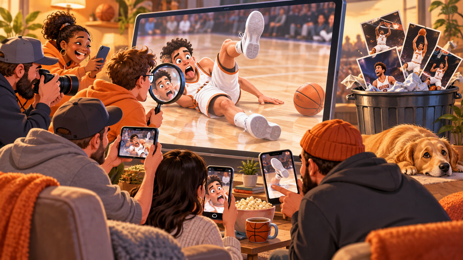 Satirical basketball internet scene where one awkward bad-possession image overwhelms an entire season of highlights.