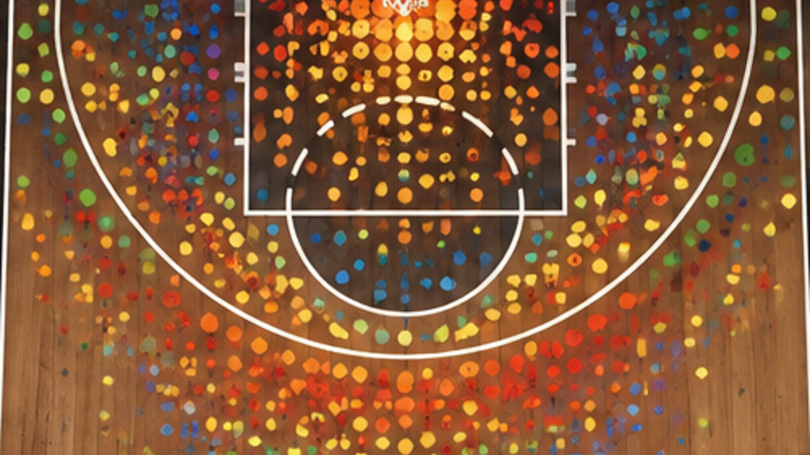 Satirical overhead basketball shot chart showing dense scoring zones around the court.