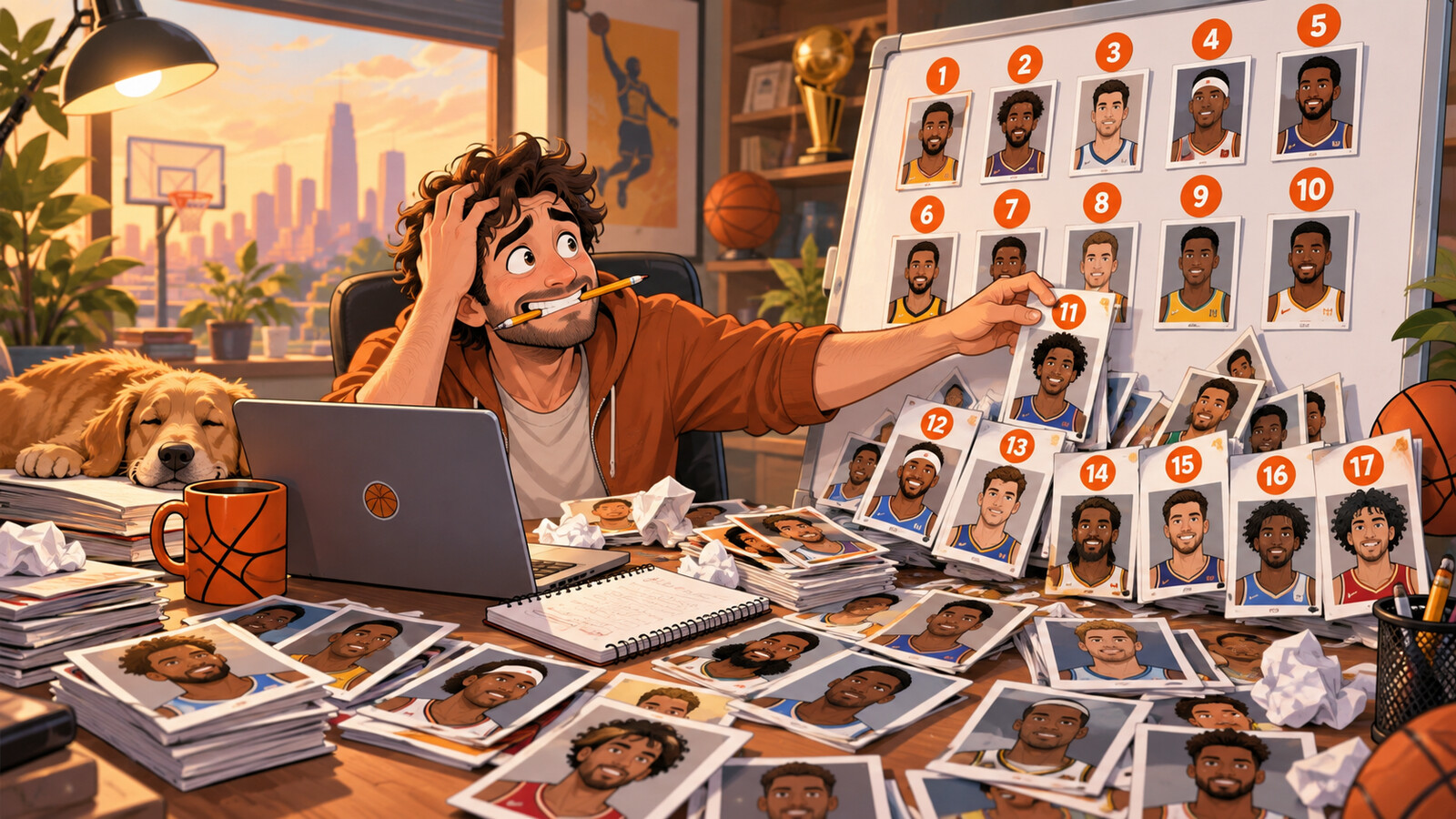 Satirical basketball ranking board overflowing from a top ten into seventeen players.