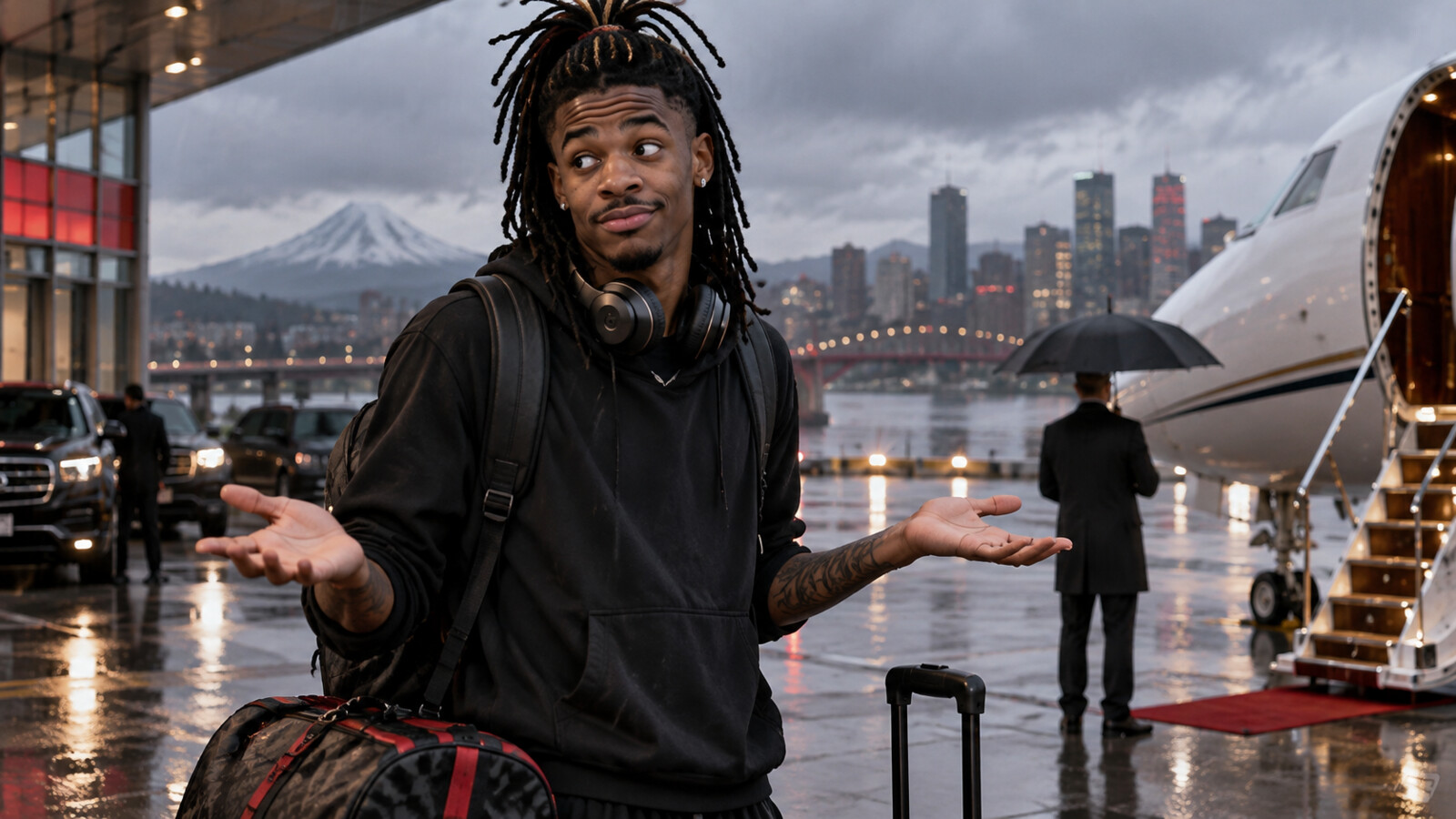 Satirical editorial image of a young basketball star arriving on a rainy airport tarmac beside a private jet and shrugging at his destination.