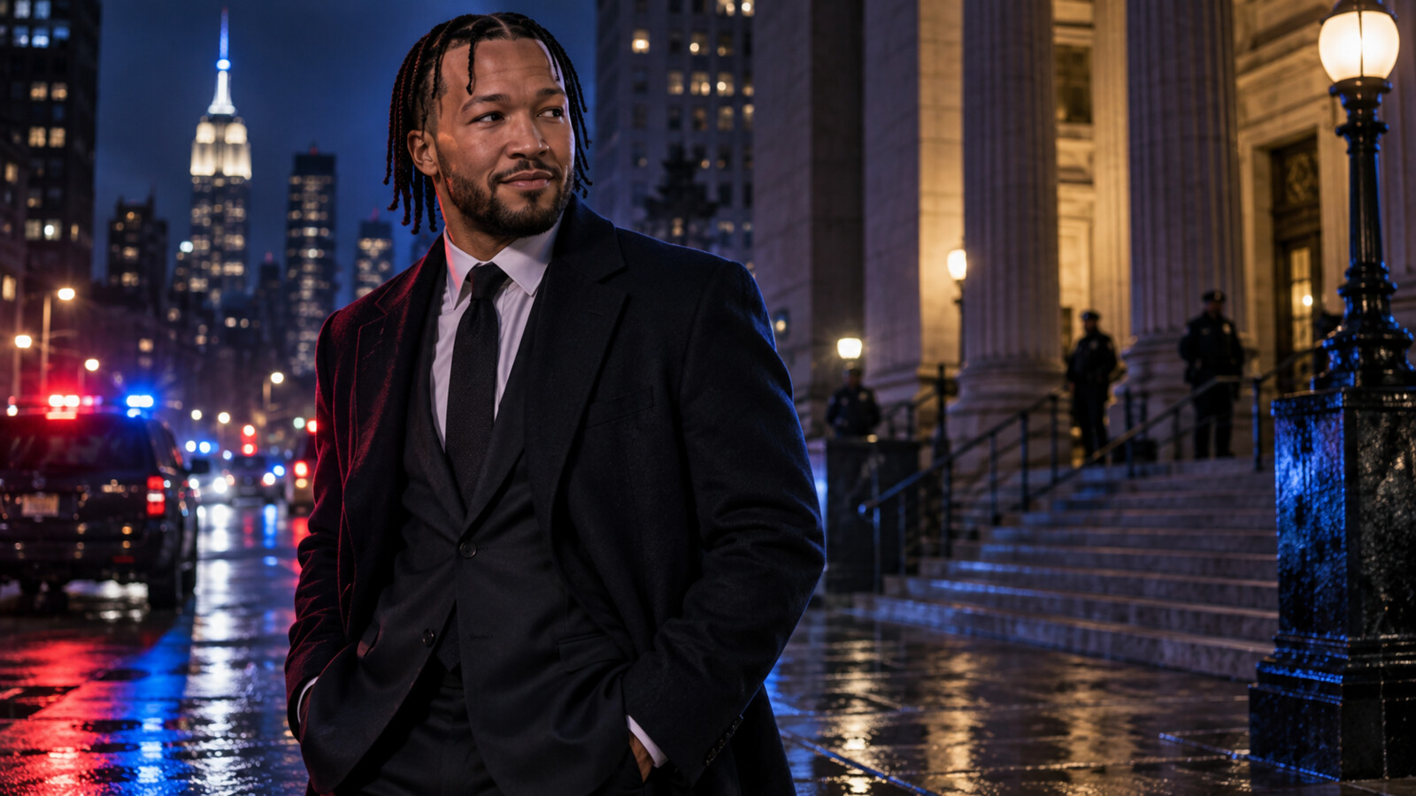 Satirical editorial image of a star basketball guard in a suit outside a New York courthouse at night.