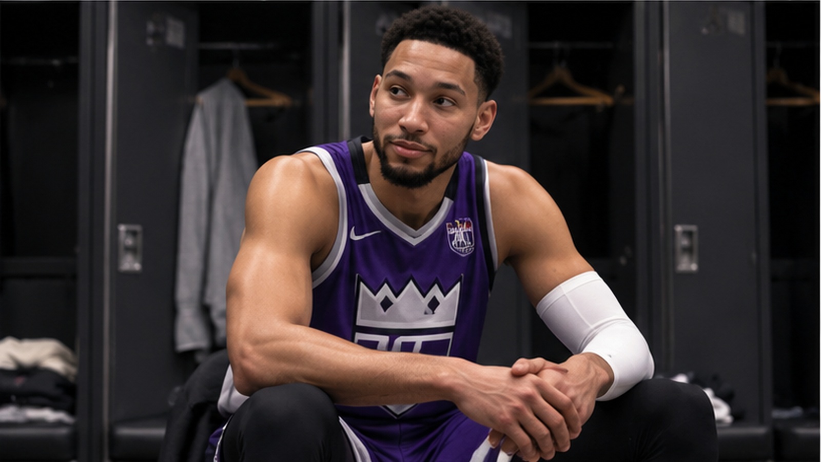 Satirical editorial image of a basketball player sitting calmly in a purple locker room.