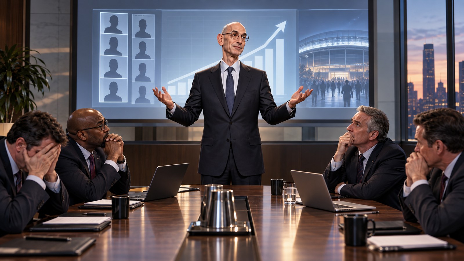 Satirical editorial image of Adam Silver presenting a hopeful rebuilding strategy to anxious basketball executives in a boardroom.