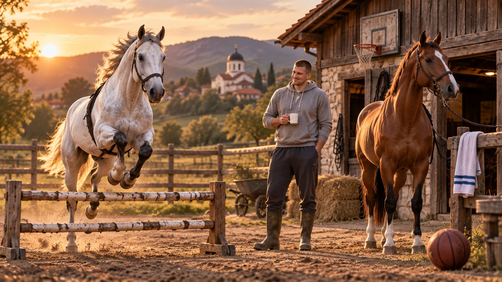 Satirical editorial image of Nikola Jokic watching exceptionally fit horses train at a rural Serbian stable.