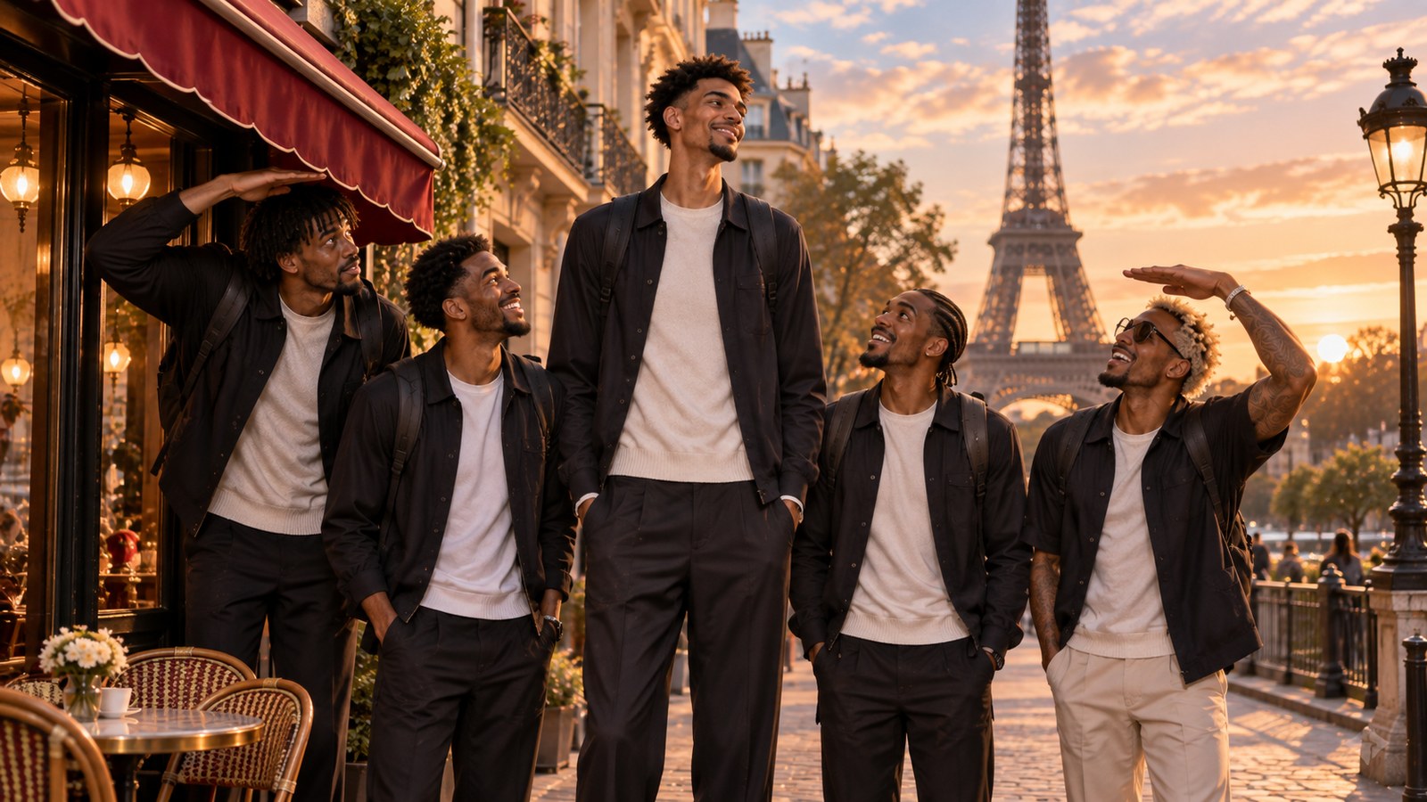 Satirical editorial image of Victor Wembanyama and unusually tall Spurs teammates sightseeing together in Paris.