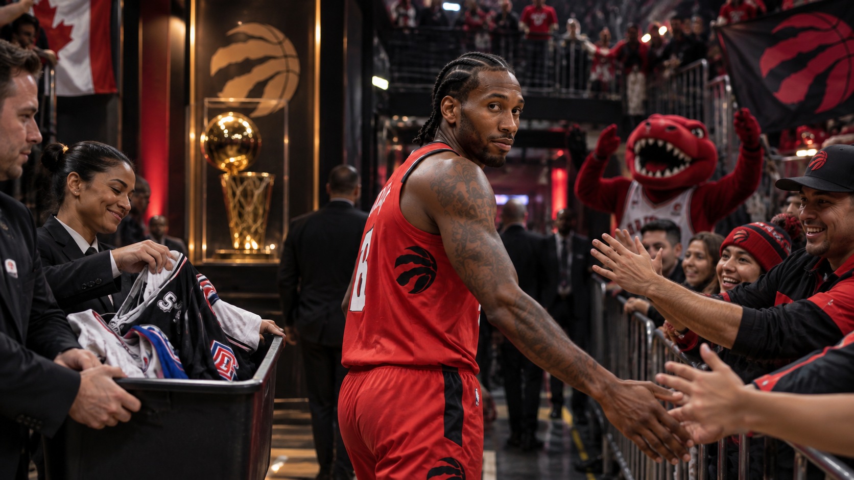Satirical realistic image of Kawhi Leonard returning to Toronto as Raptors fans welcome him back beside championship imagery.