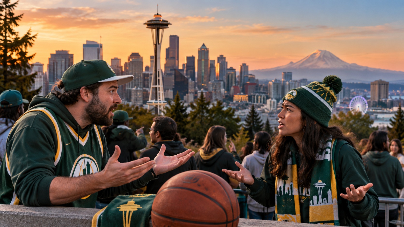 Satirical realistic image of Seattle basketball fans already arguing about a hypothetical expansion team with the Space Needle behind them.