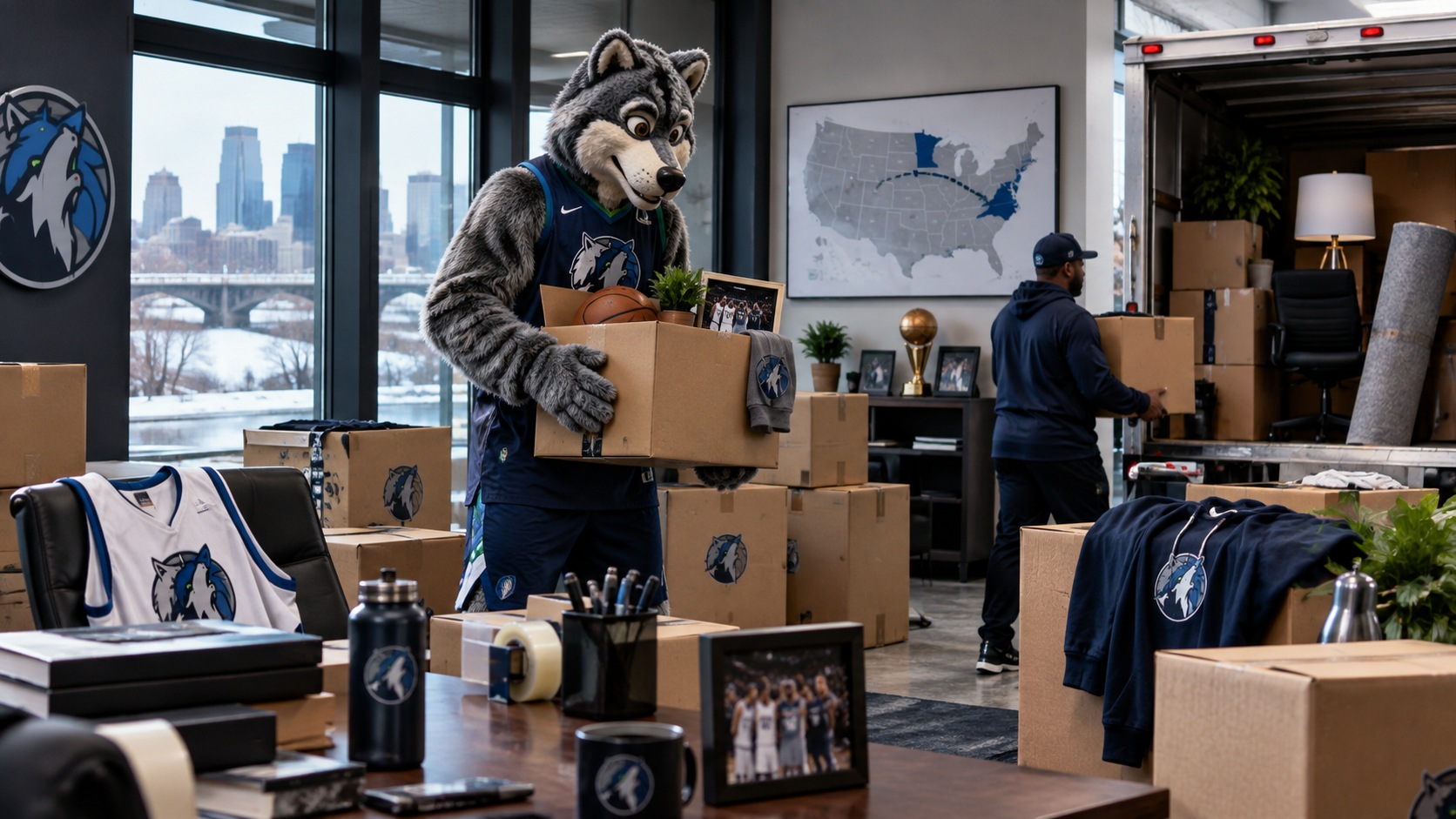 Satirical realistic image of a Timberwolves mascot and staff packing an office for an immediate move to the Eastern Conference.