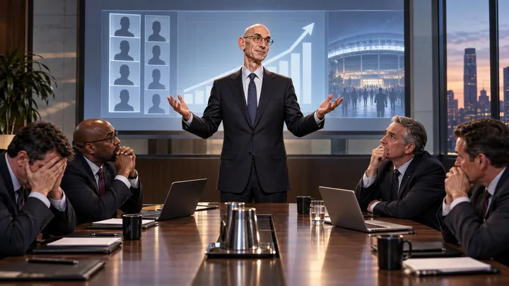 Satirical editorial image of Adam Silver presenting a hopeful rebuilding strategy to anxious basketball executives in a boardroom.