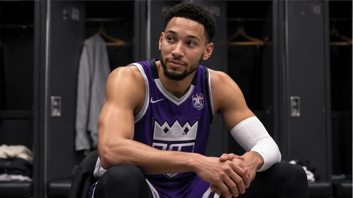Satirical editorial image of a basketball player sitting calmly in a purple locker room.