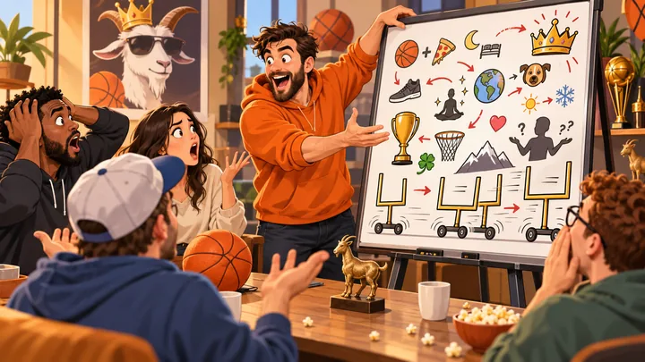 Satirical basketball fan presenting increasingly absurd criteria during a GOAT debate.