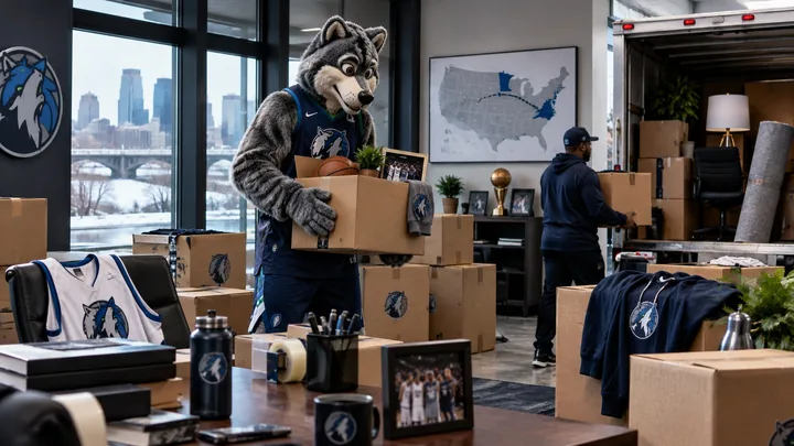 Satirical realistic image of a Timberwolves mascot and staff packing an office for an immediate move to the Eastern Conference.