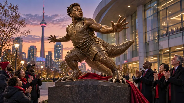 Satirical editorial image of a bronze Kyle Lowry dinosaur statue being unveiled outside a Toronto basketball arena.