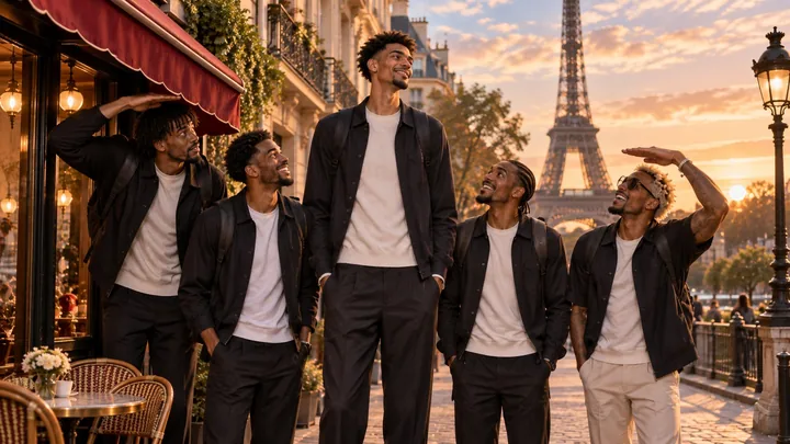 Satirical editorial image of Victor Wembanyama and unusually tall Spurs teammates sightseeing together in Paris.