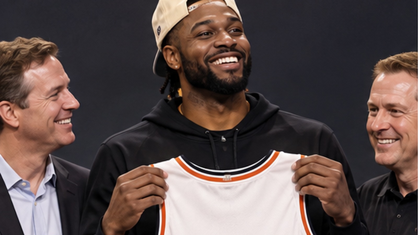 Satirical editorial image of a veteran basketball player being introduced at a signing press conference.
