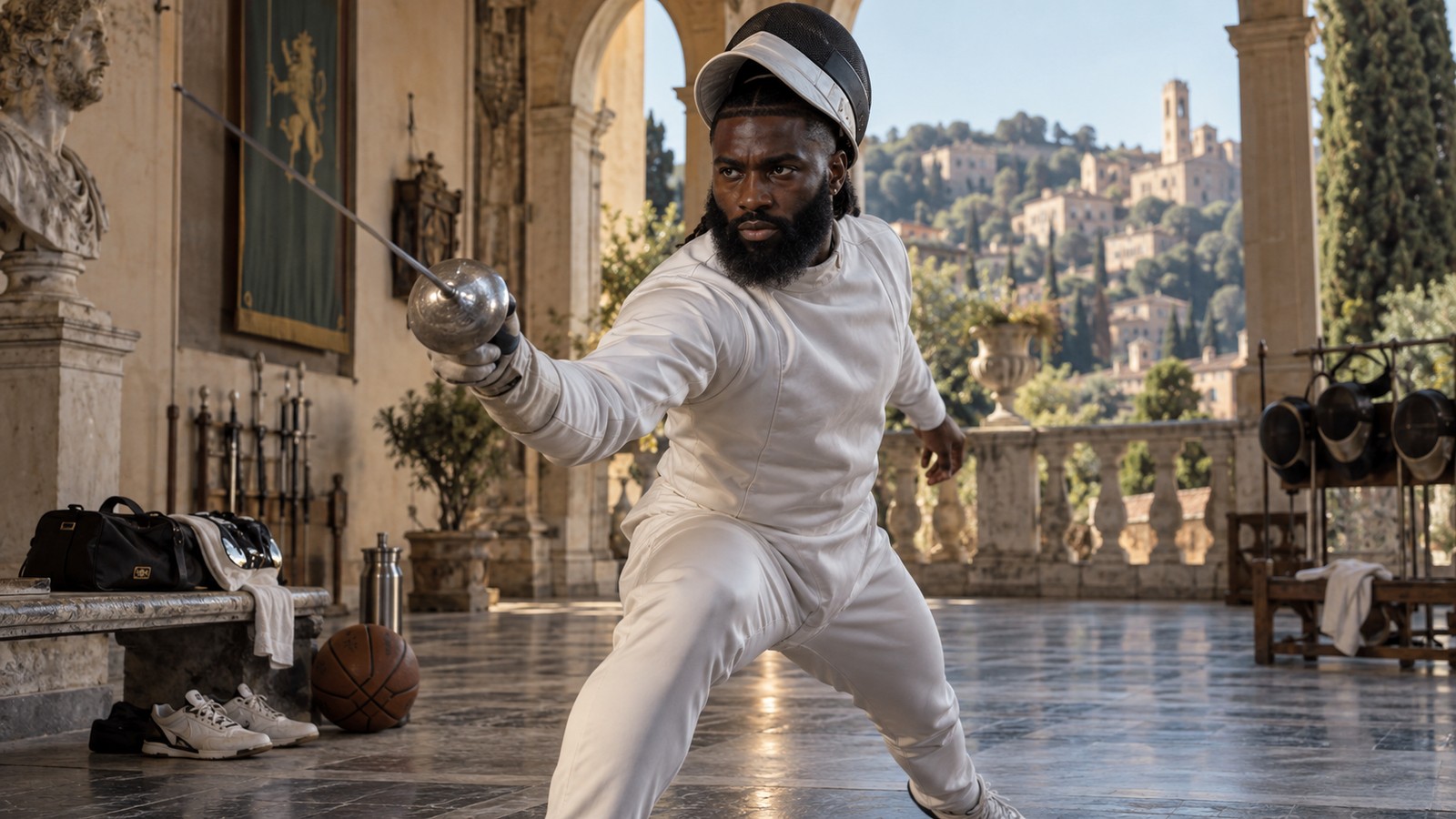 Satirical editorial image of a basketball star practicing fencing in an elegant Italian courtyard.